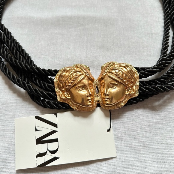 New Zara Gold Black Greek Roman Face Cord Belt Size 30 34 4736/183 - Picture 8 of 10